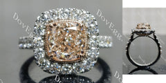 Pink Rose-Cushion bezel halo half eternity moissanite engagement ring| DovEggs