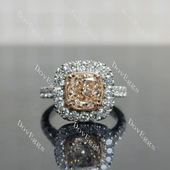 Pink Rose-Cushion bezel halo half eternity moissanite engagement ring| DovEggs