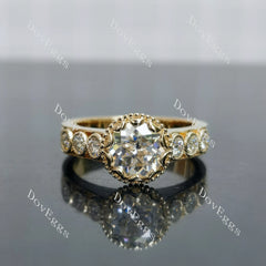 Round bezel pave art deco vintage moissanite engagement ring| DovEggs