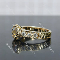 Round bezel pave art deco vintage moissanite engagement ring| DovEggs