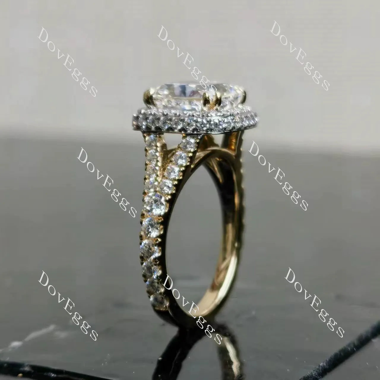 Doveggs Radiant Halo Split Shanks Lab Grown Diamond Engagement Ring