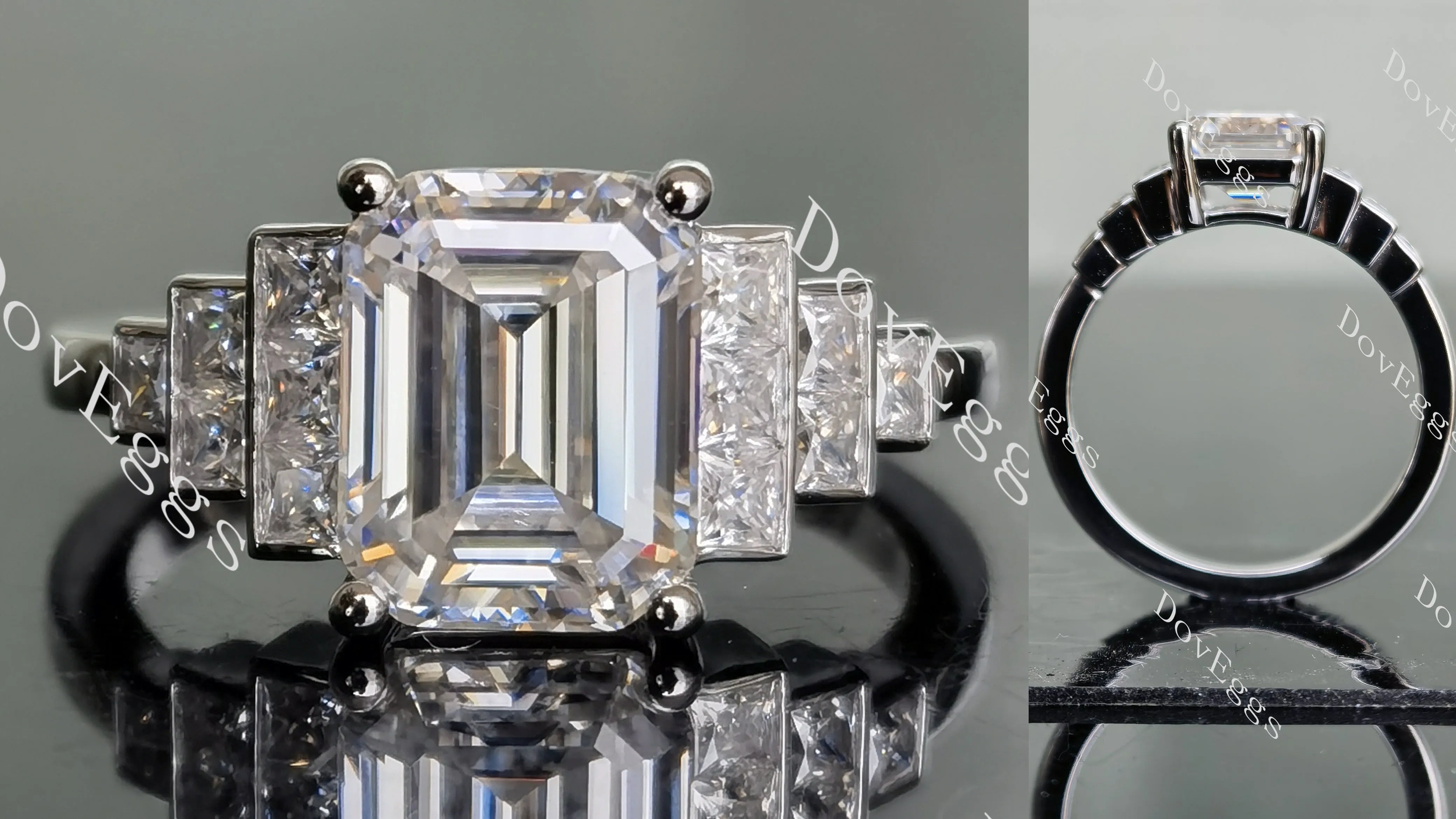DovEggs emerald side stones moissanite engagement ring