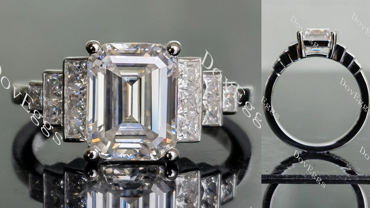 DovEggs emerald side stones moissanite engagement ring