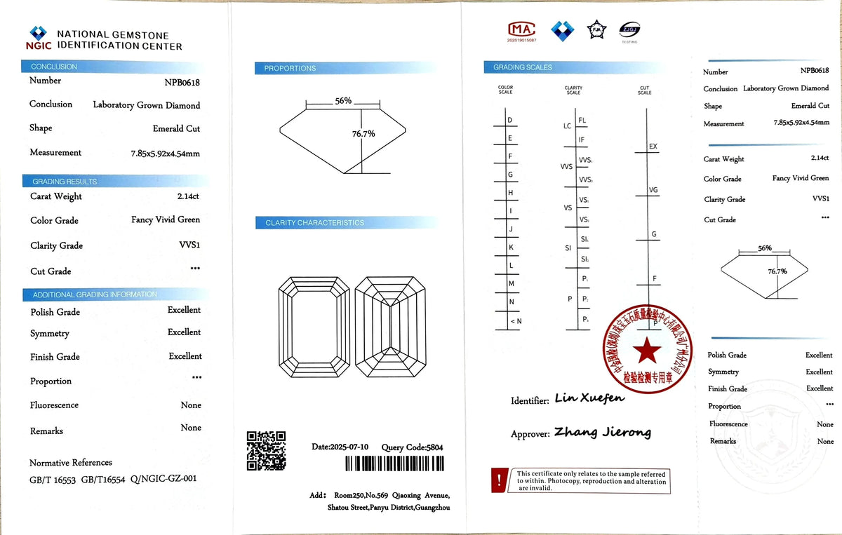 2.14ct Emerald Cut Lab Diamond – Fancy Vivid Green Color VVS1 | Doveggs Certified