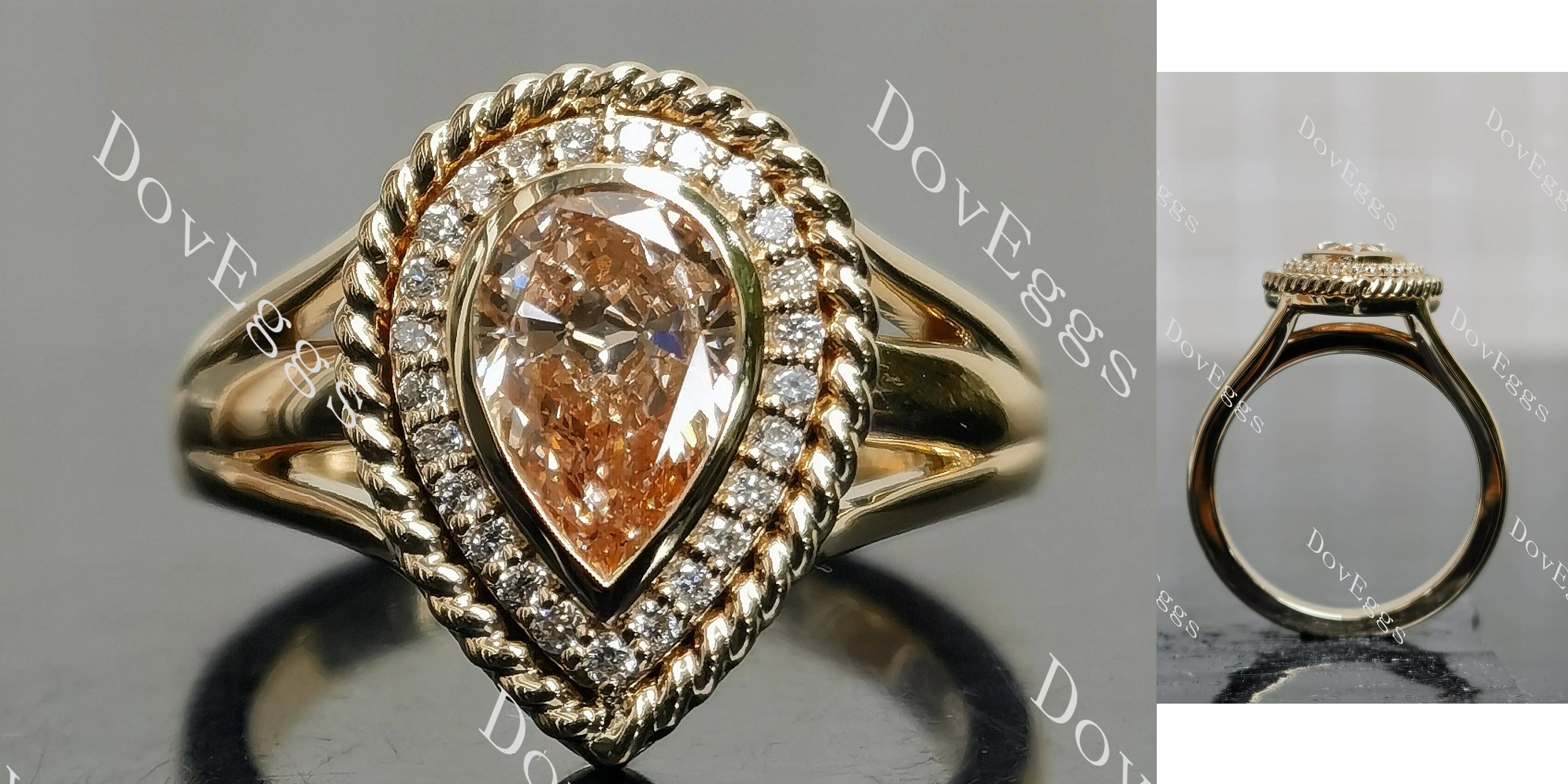 Doveggs Pear Bezel Halo Split Shanks Fancy Pink Lab Grown Diamond Engagement Ring