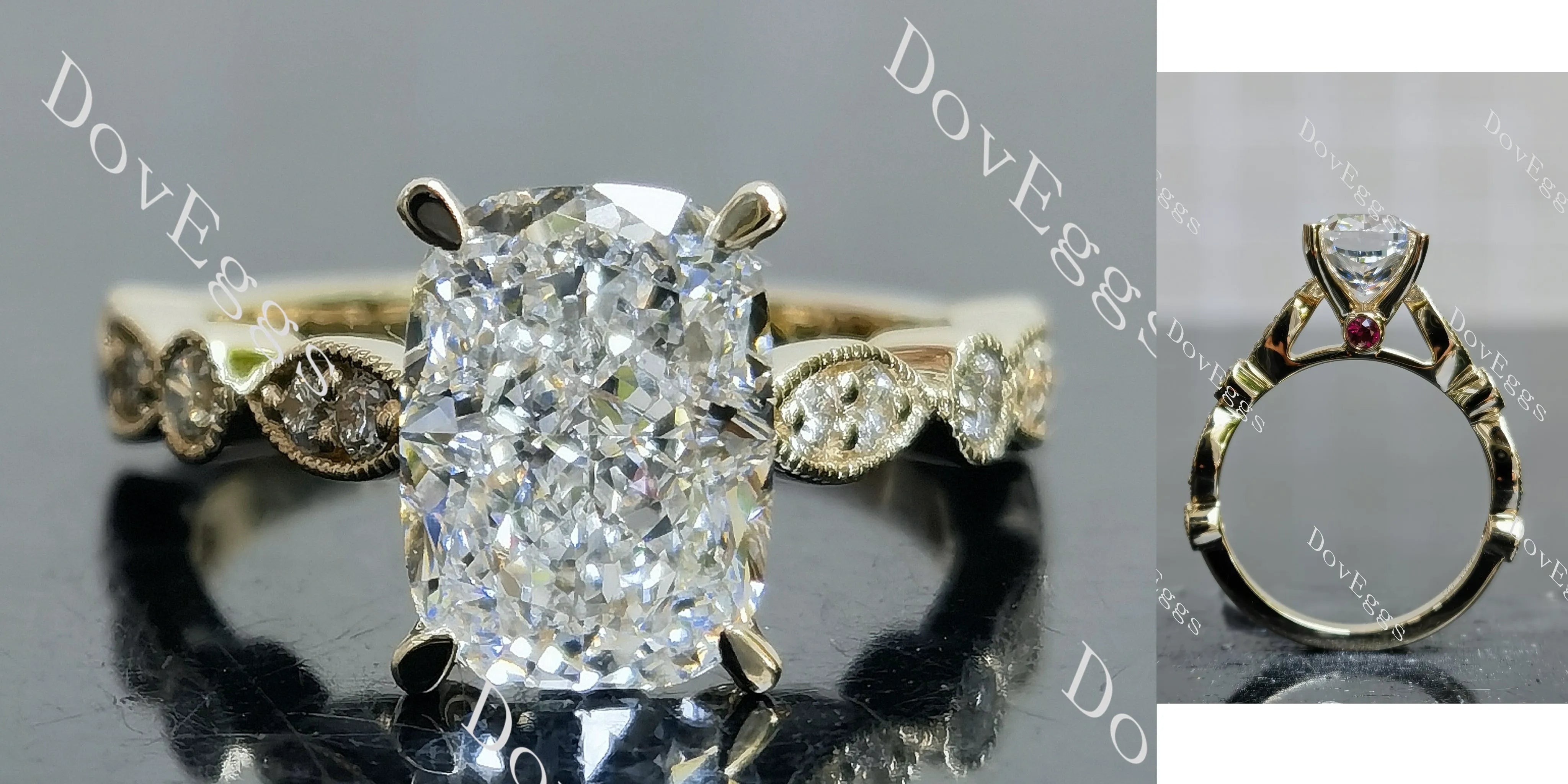 Doveggs Cushion Side Stones Lab Grown Diamond Engagement Ring