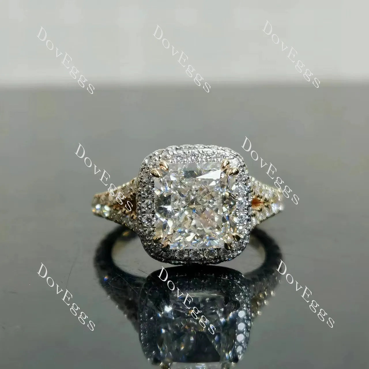 Doveggs Radiant Halo Split Shanks Lab Grown Diamond Engagement Ring