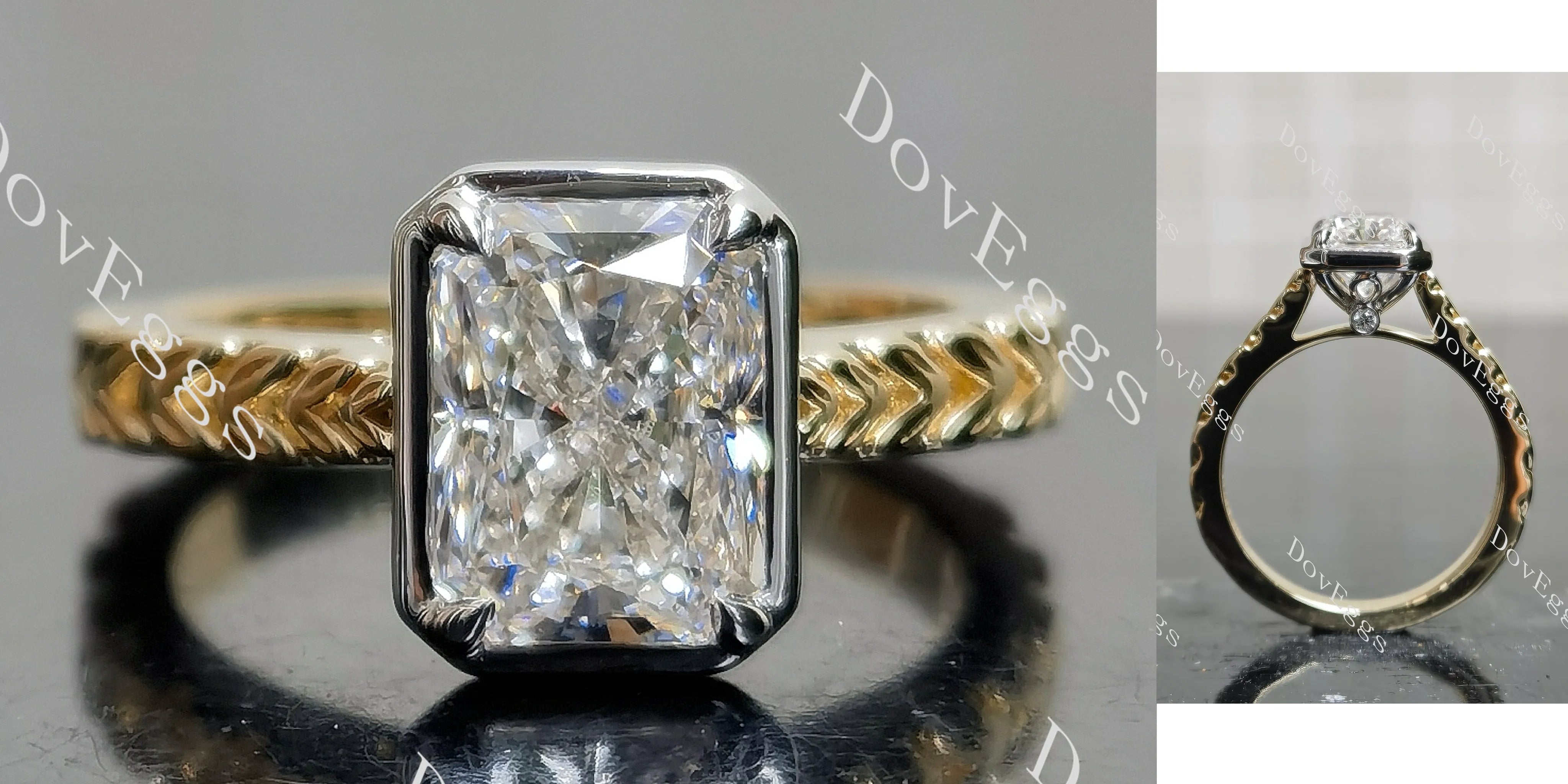 Doveggs Radiant Bezel Carved Lab Grown Diamond Engagement Ring