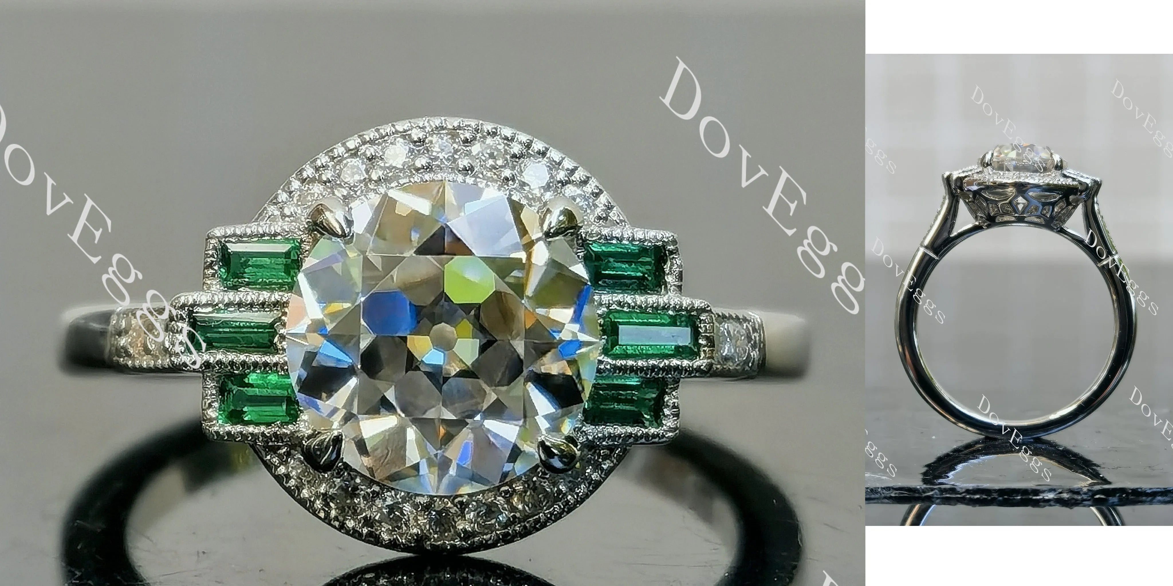 Doveggs round halo atr deco moissanite engagement ring