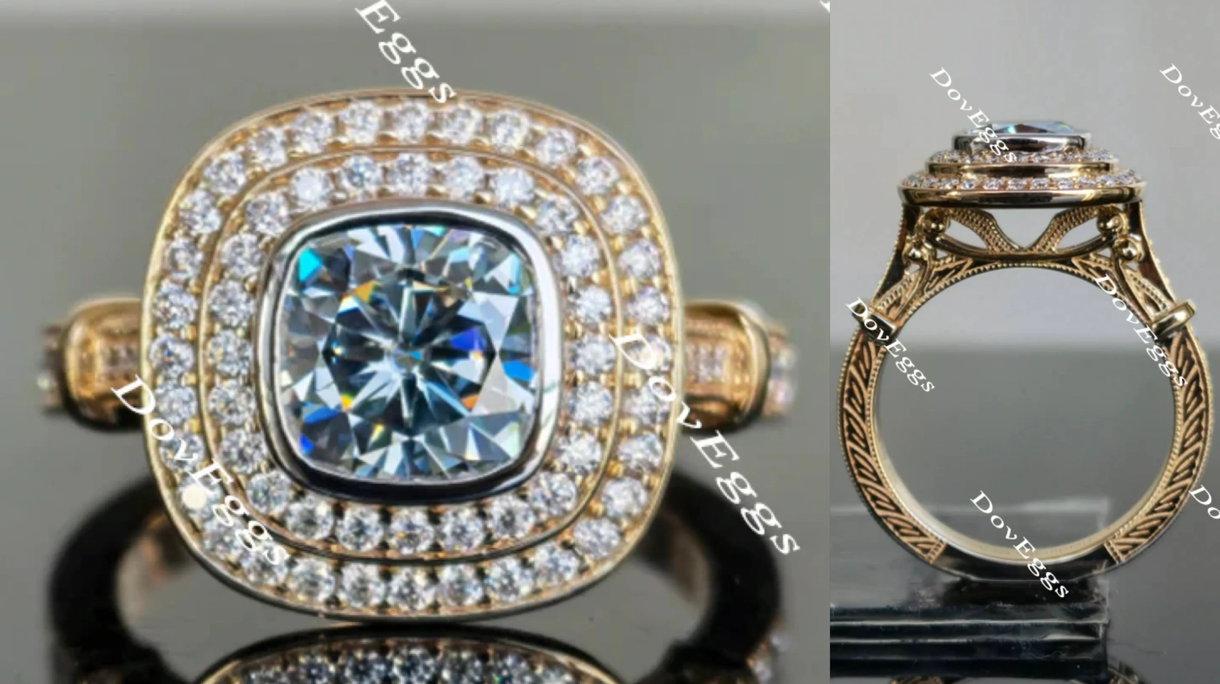 Perdurabo cushion double halo moissanite engagement ring