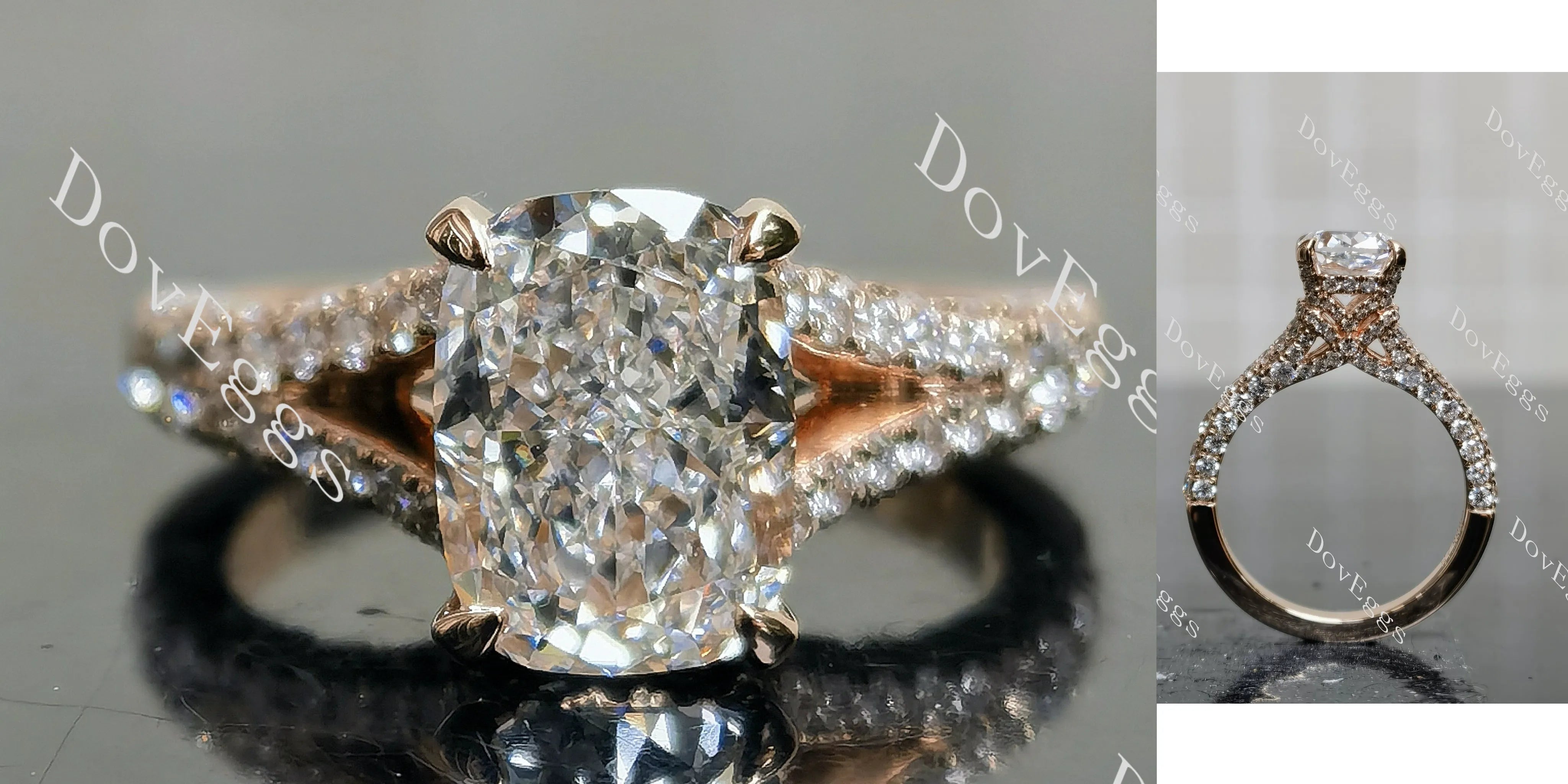 Emily's Hope-Cushion pave split shanks half eternity moissanite engagement ring|DovEggs