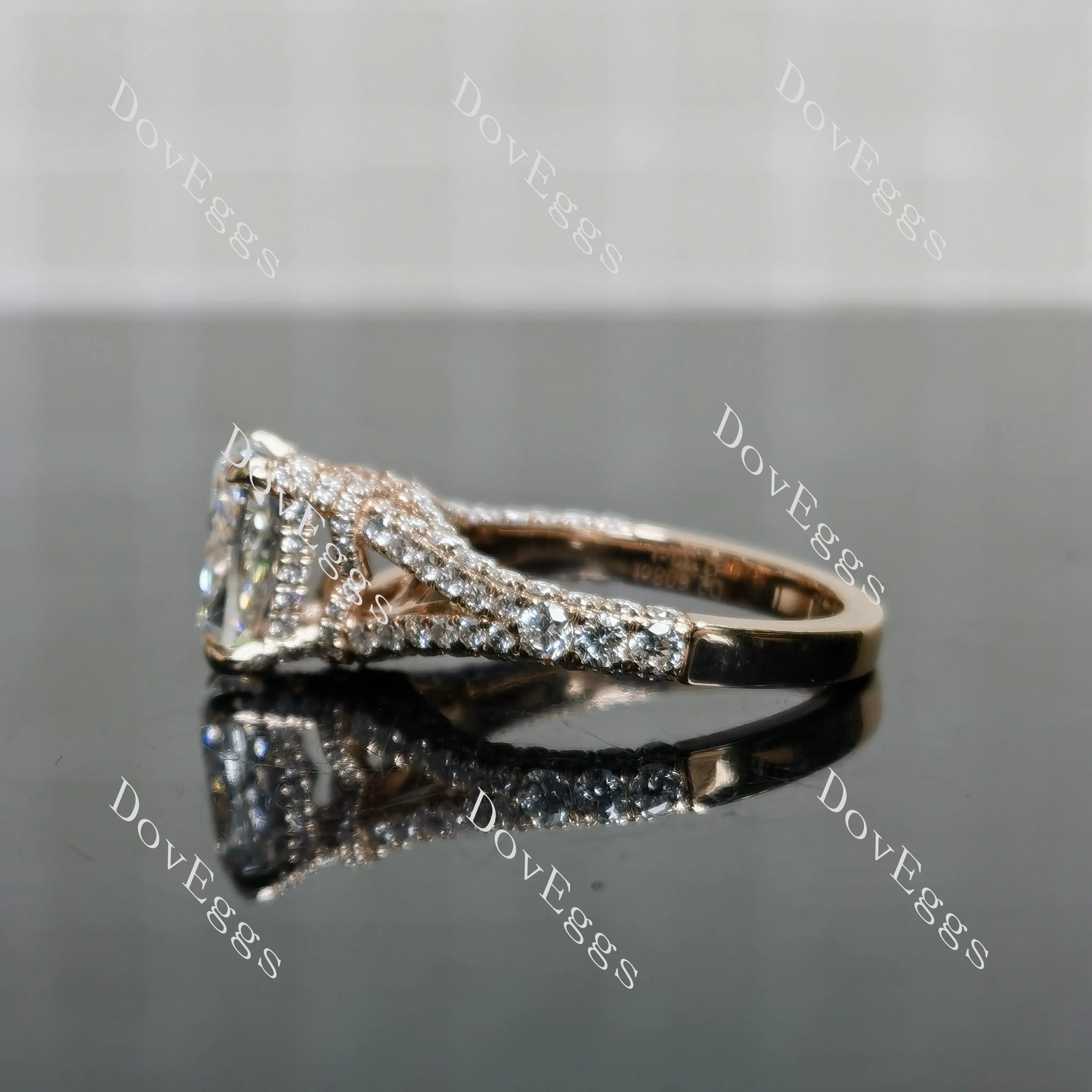Emily's Hope-Cushion pave split shanks half eternity moissanite engagement ring|DovEggs