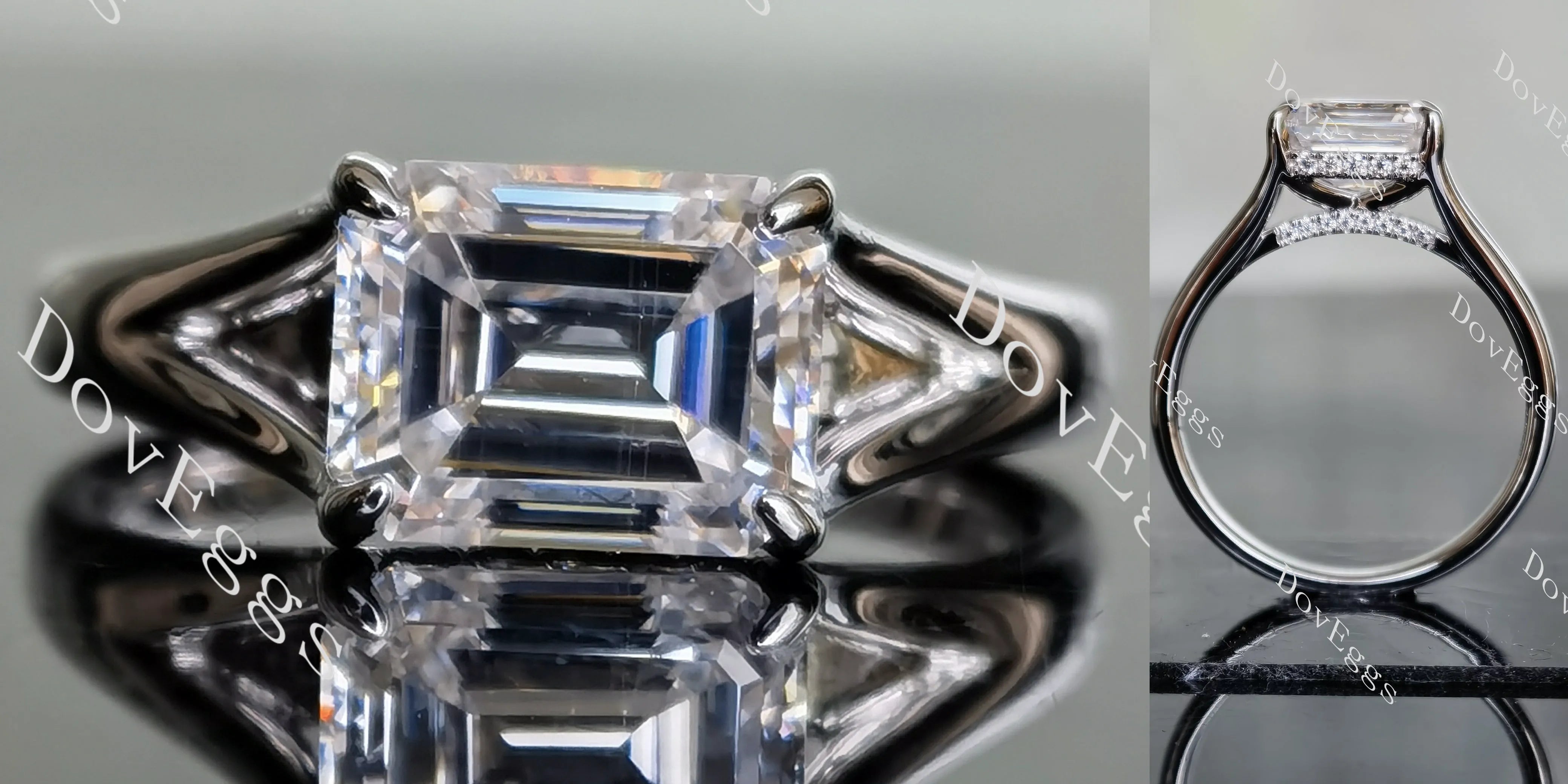 Doveggs emerald split shank hidden halo moissanite engagement ring