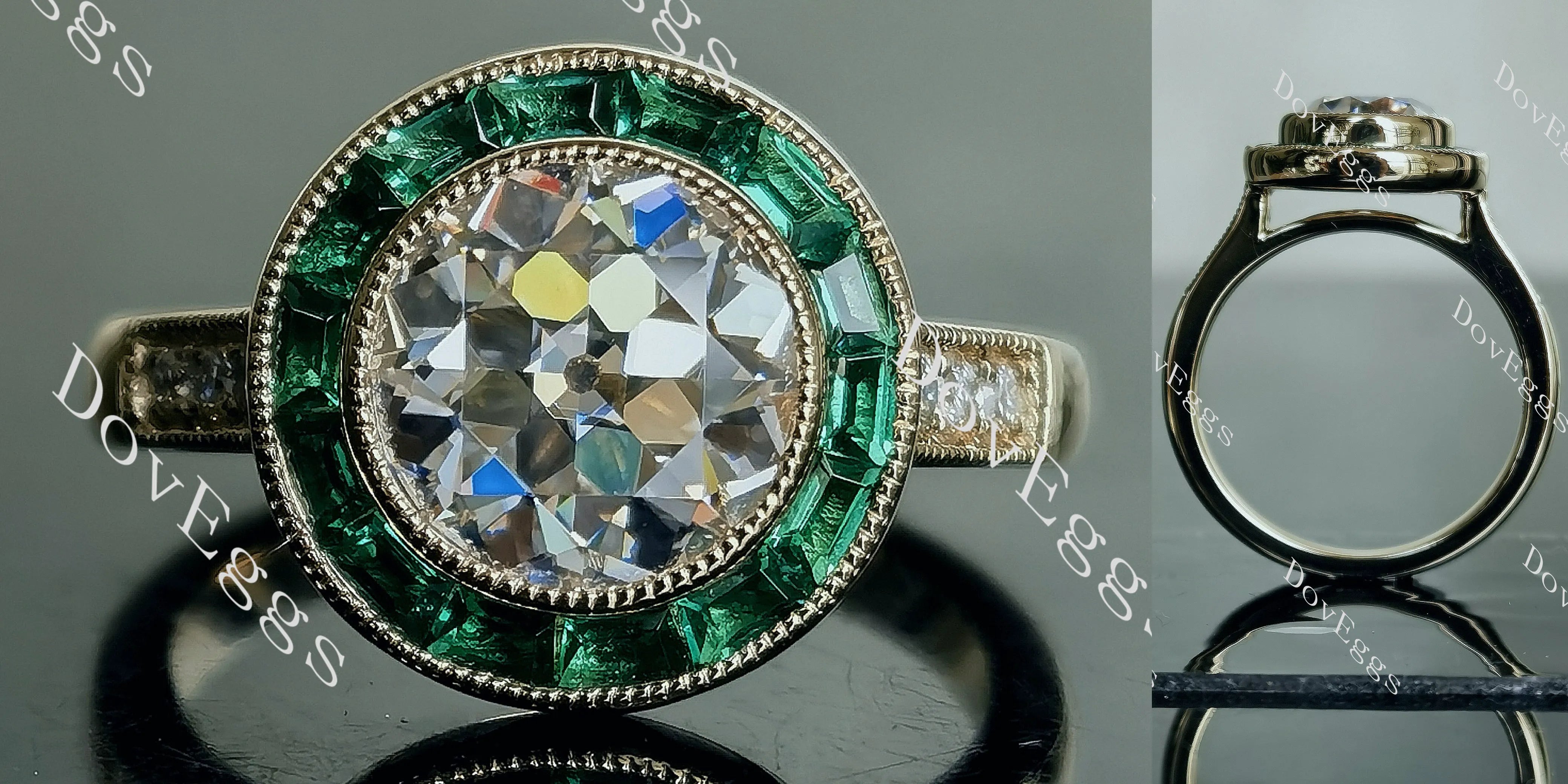Doveggs round halo bezel moissanite engagement ring