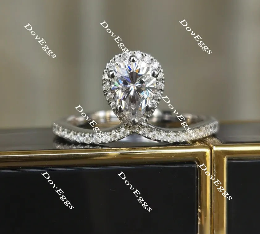 DovEggs paved halo pear moissanite engagement ring