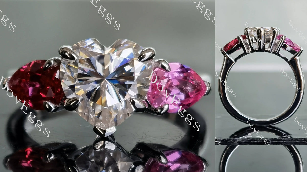 DovEggs heart three stones moissanite & colored gem engagement ring