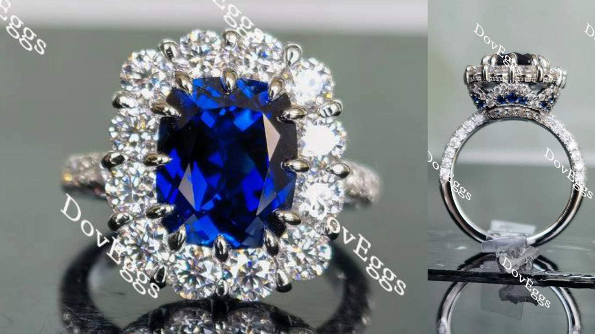 Doveggs elongated cushion half eternity pave blue sapphire colored gem ring