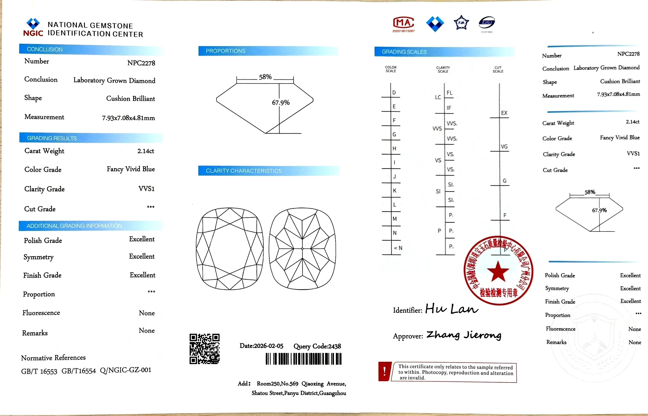 2.14ct Cushion Brilliant Cut Lab Diamond – Fancy Vivid Blue Color VVS1 | Doveggs Certified