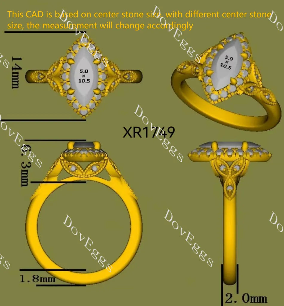 Marquise halo side stones art deco moissanite engagement ring| DovEggs