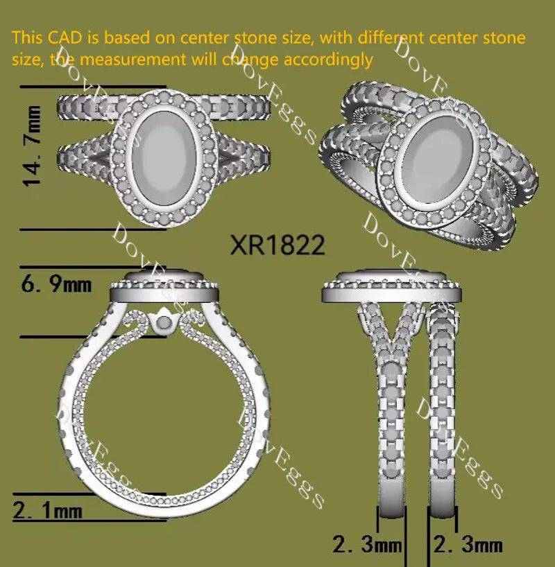 Oval bezel halo split shanks 3/4 eternity moissanite engagement ring| DovEggs