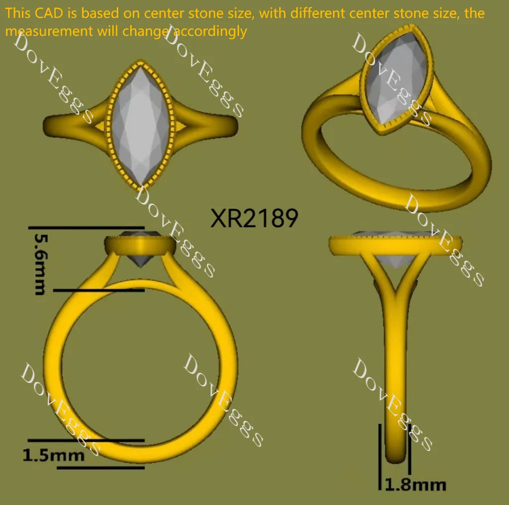 Marquise bezel solitaire split shanks moissanite engagement ring| DovEggs