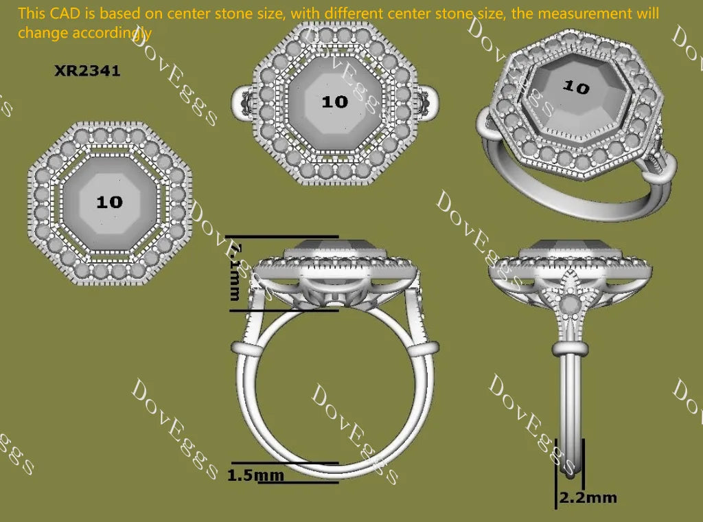 Octagon halo pave art deco moissanite engagement ring| DovEggs