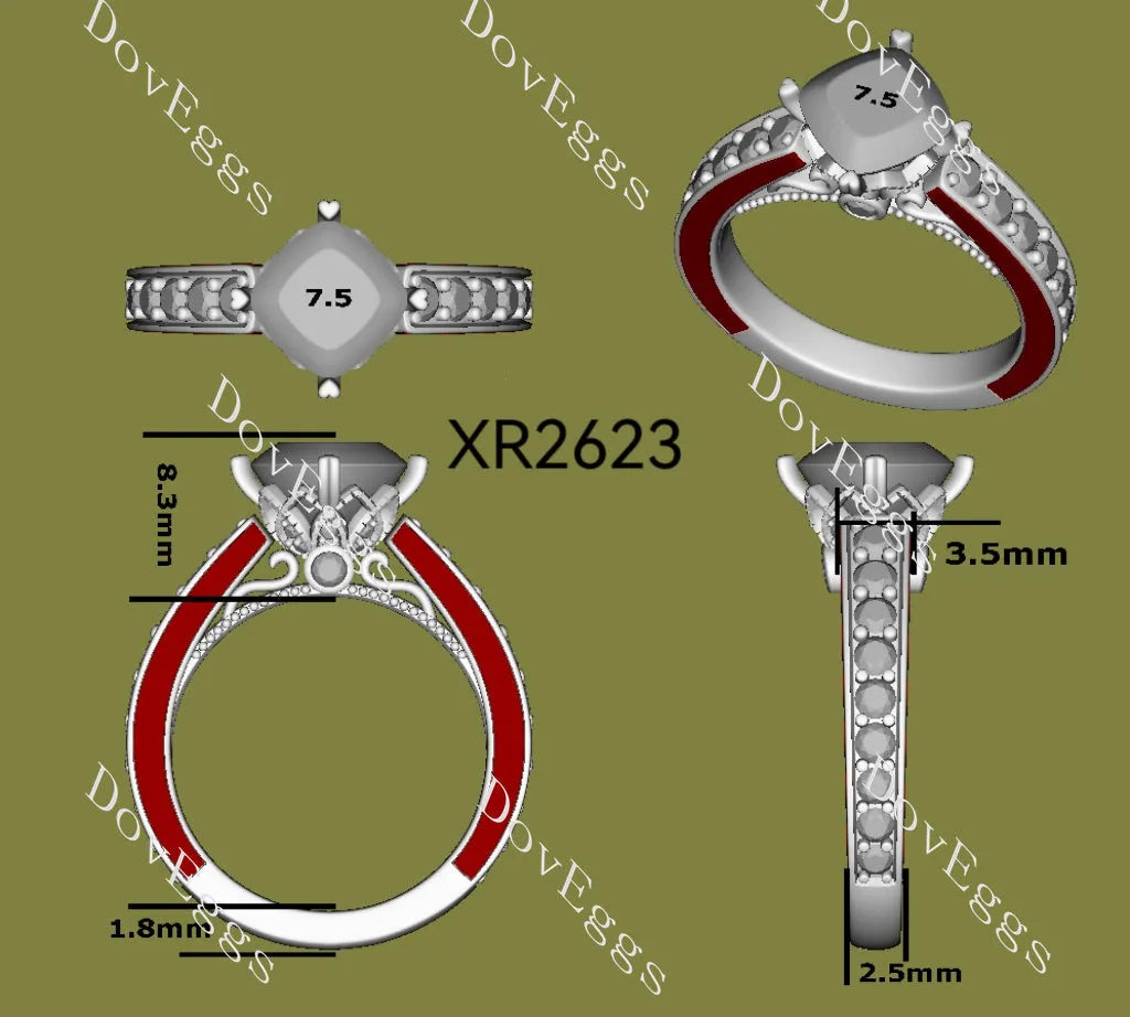 Rachael-Cushion vintage carved pave moissanite engagement ring| DovEggs