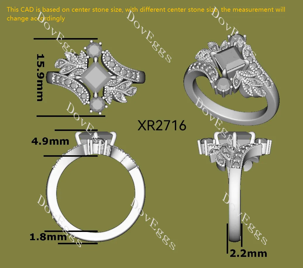 Princess floral art deco moissanite engagement ring| DovEggs