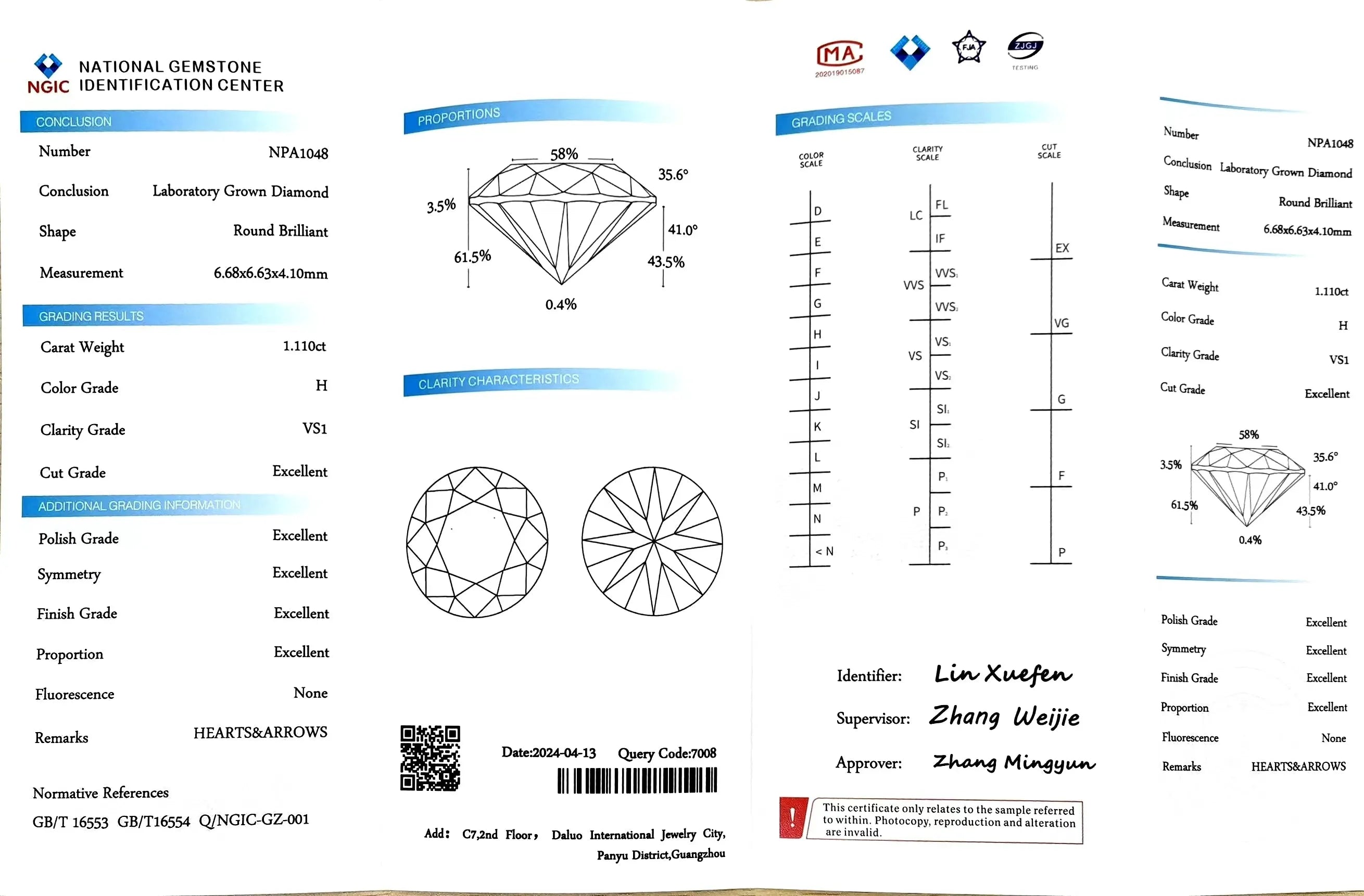 1.110ct Round Cut Lab Diamond - H Color VS1 | Doveggs Certified