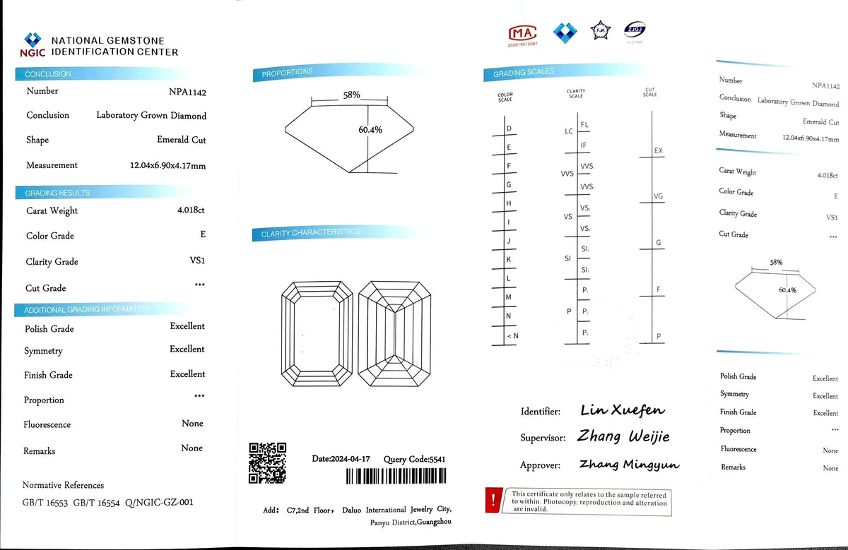4.018ct Emerald Cut Lab Diamond - E Color VS1 | Doveggs Certified