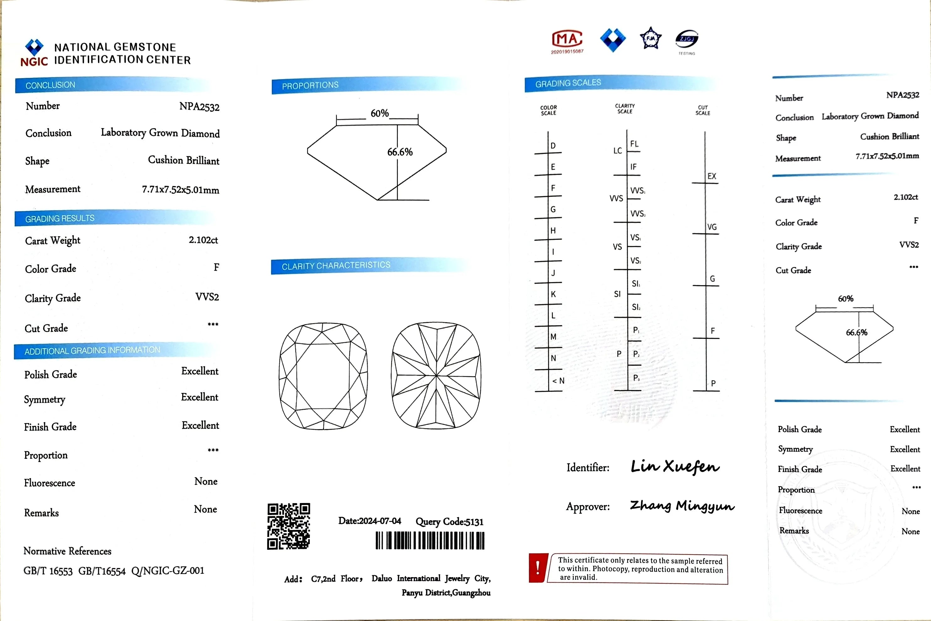 2.102ct Cushion Lab Diamond - F Color VVS2 | Doveggs Certified