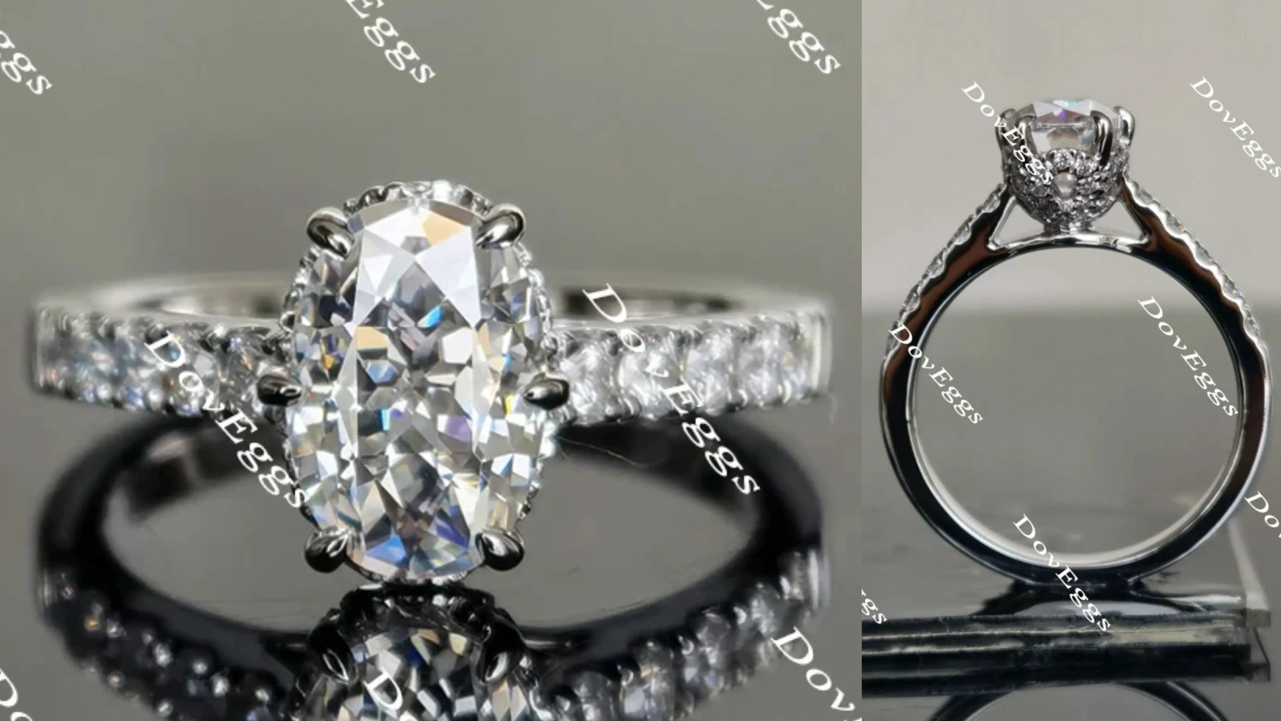 Oval half eternity paved moissanite engagement ring| DovEggs