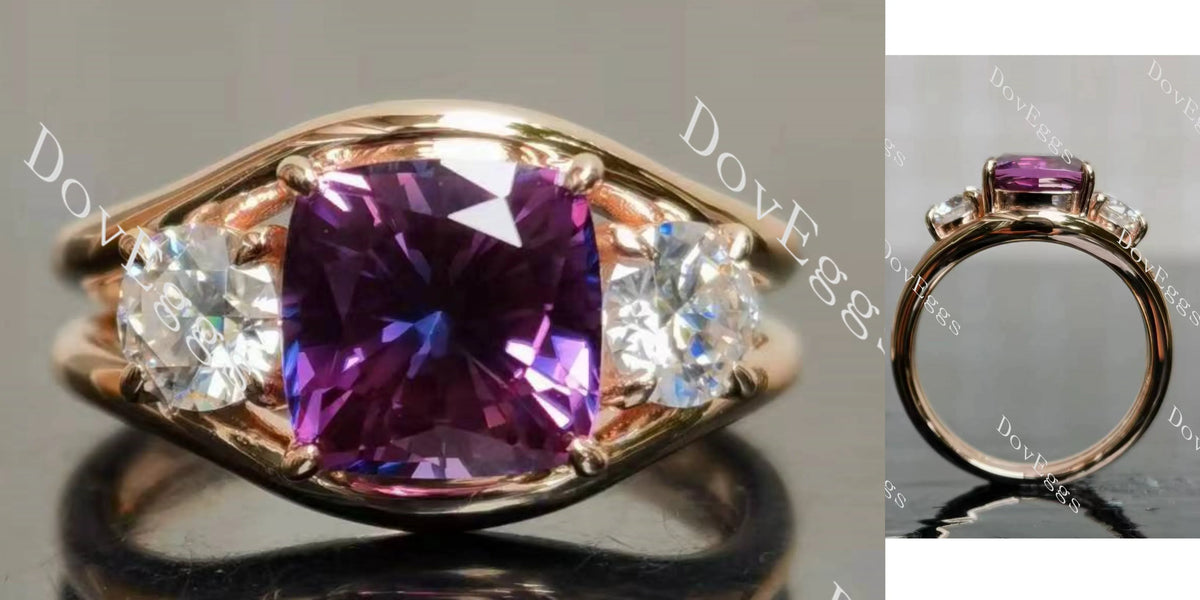Jadea-Cushion split shanks three stones colored gem engagement ring| DovEggs