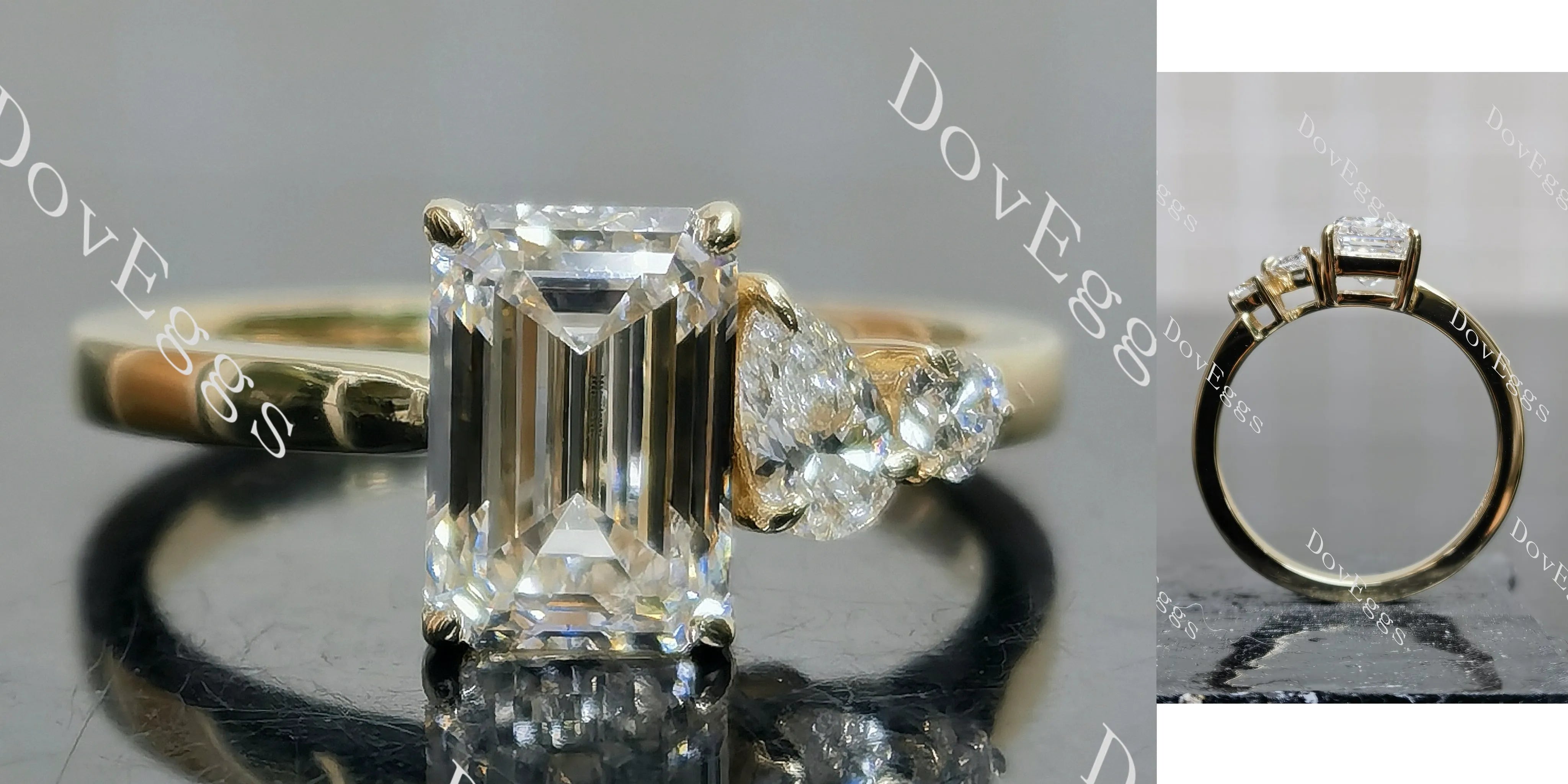 Emerald pave three stones moissanite engagement ring| DovEggs