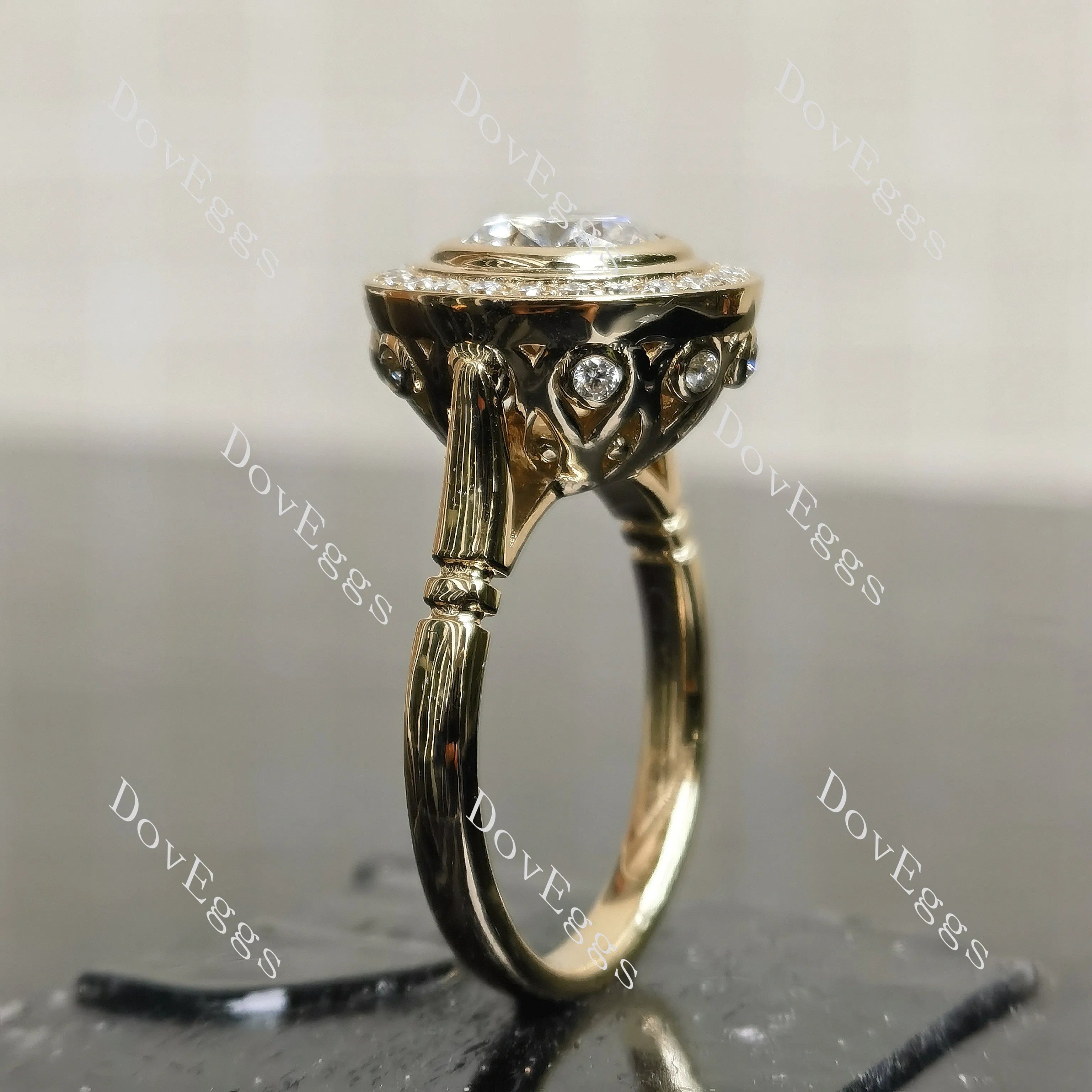 Round halo vintage delicate moissanite engagement ring| DovEggs