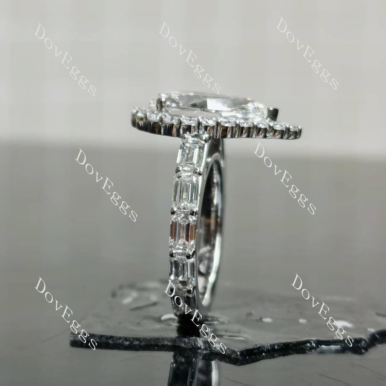 Dean's pear halo pave 3/4 eternity moissanite engagement ring | Doveggs