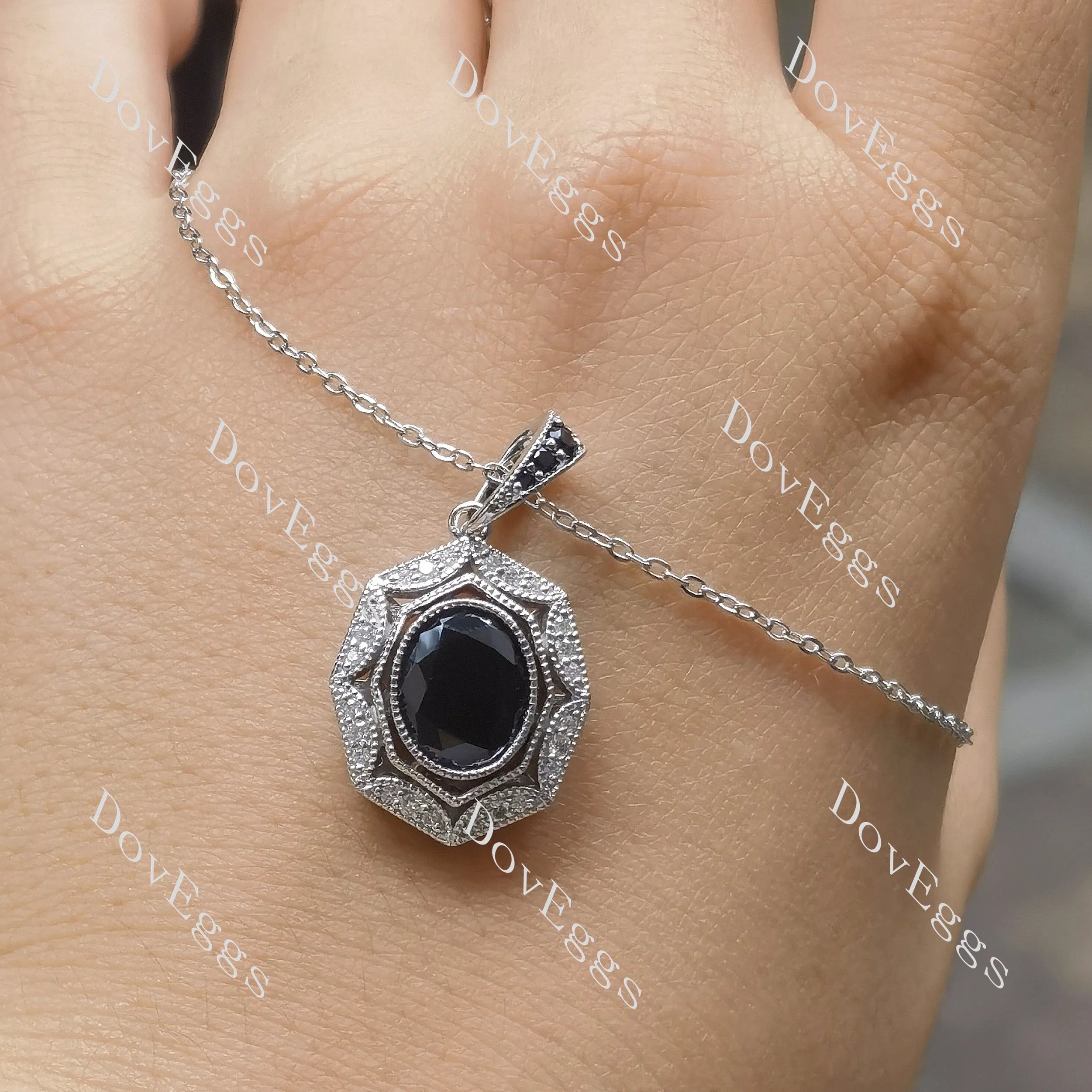 Oval art deco pave halo colored gem pendant necklace (pendant only)| Doveggs