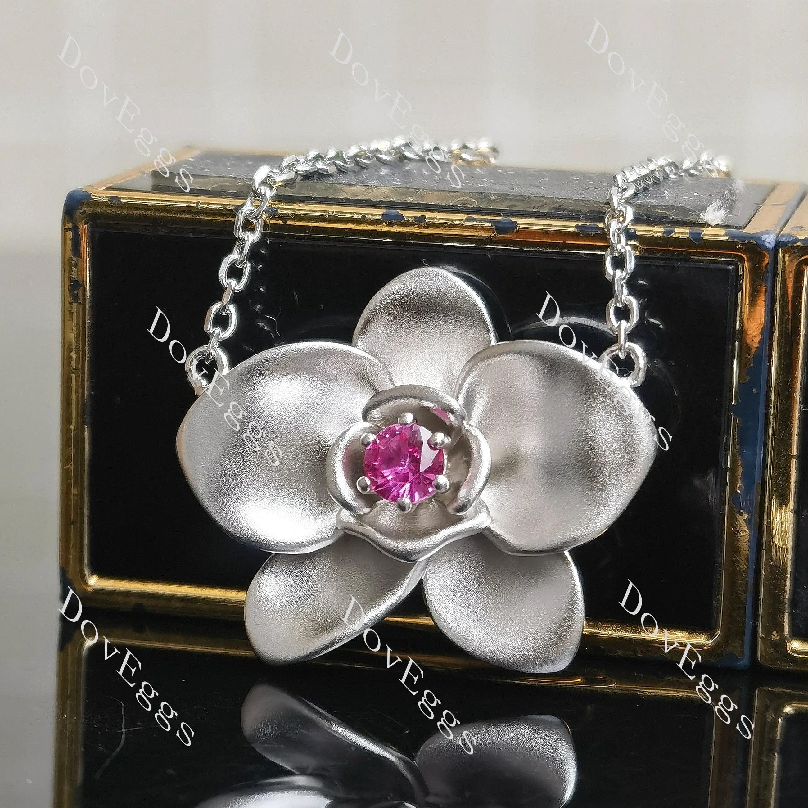 Round orchid flower matte effect colored gem pendant necklace with 18"+2" length chain| Doveggs