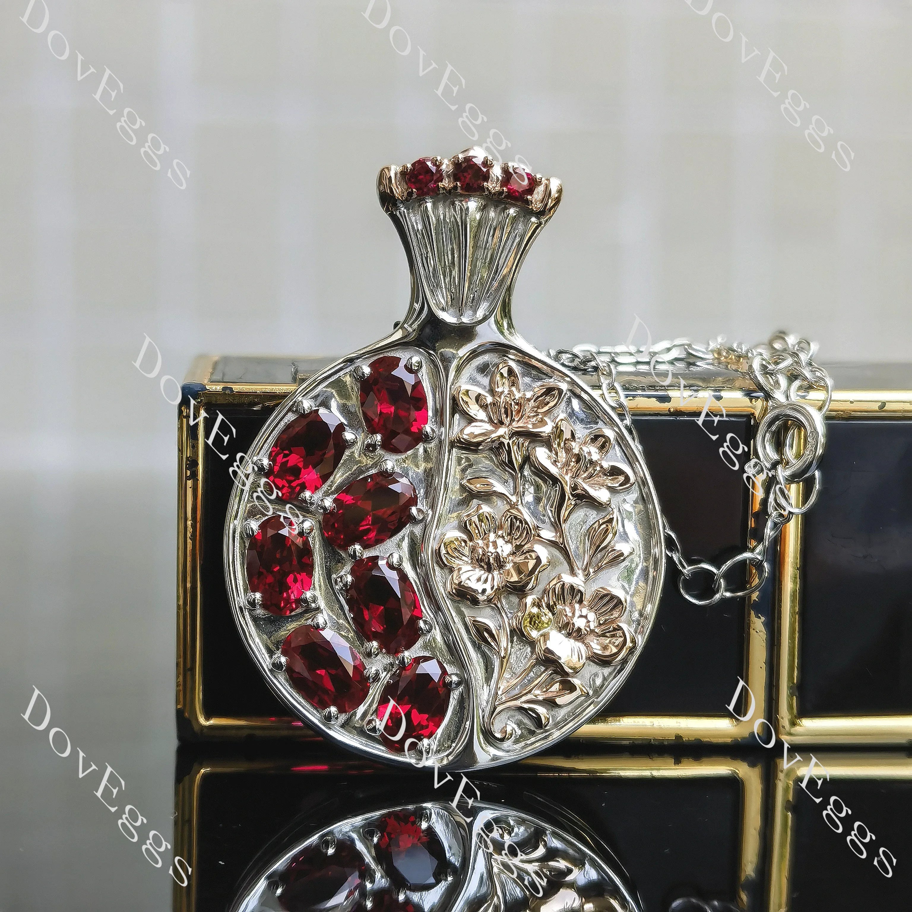 Oval flower carving colored gem pomegranate pendant necklace (pendant only)| Doveggs
