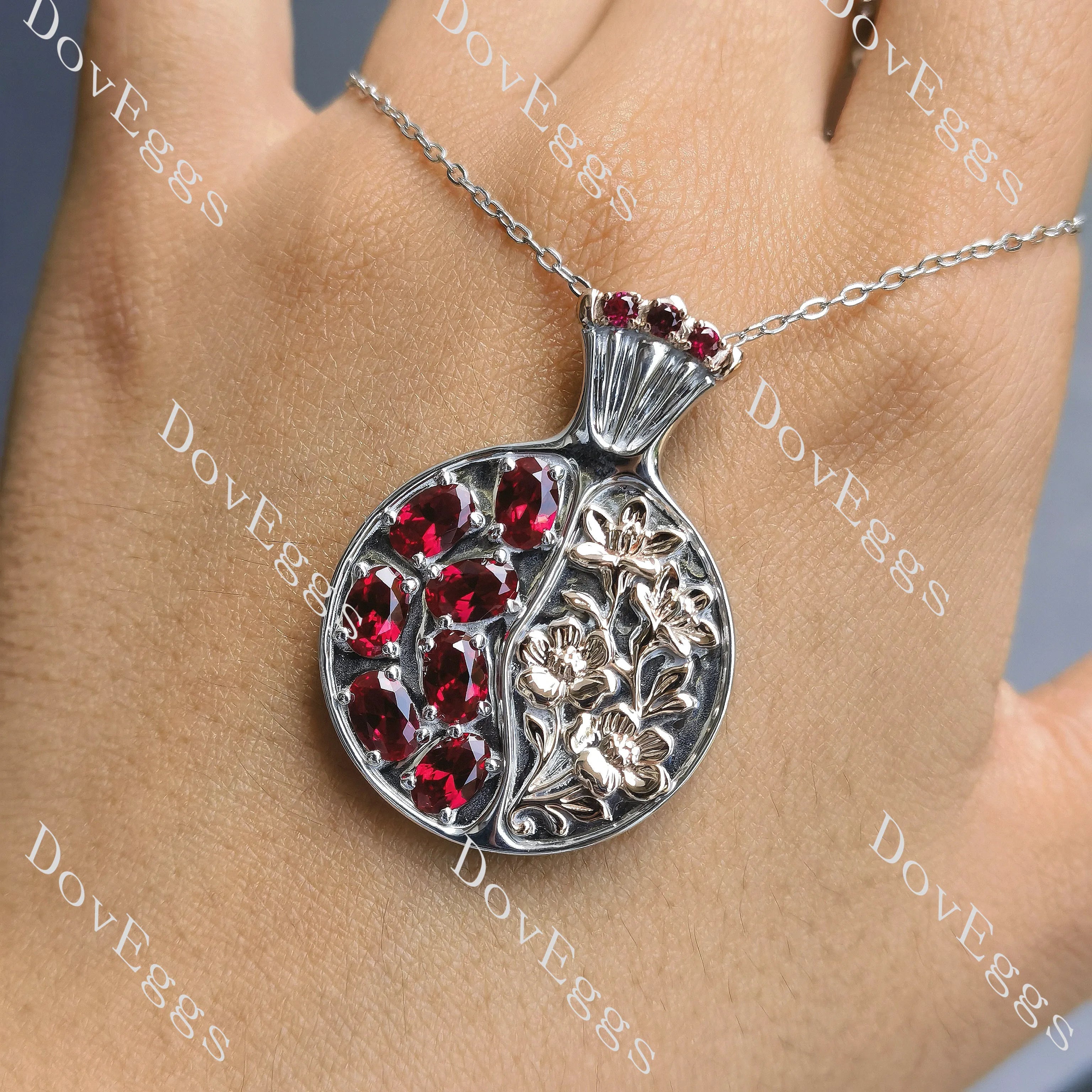 Oval flower carving colored gem pomegranate pendant necklace (pendant only)| Doveggs