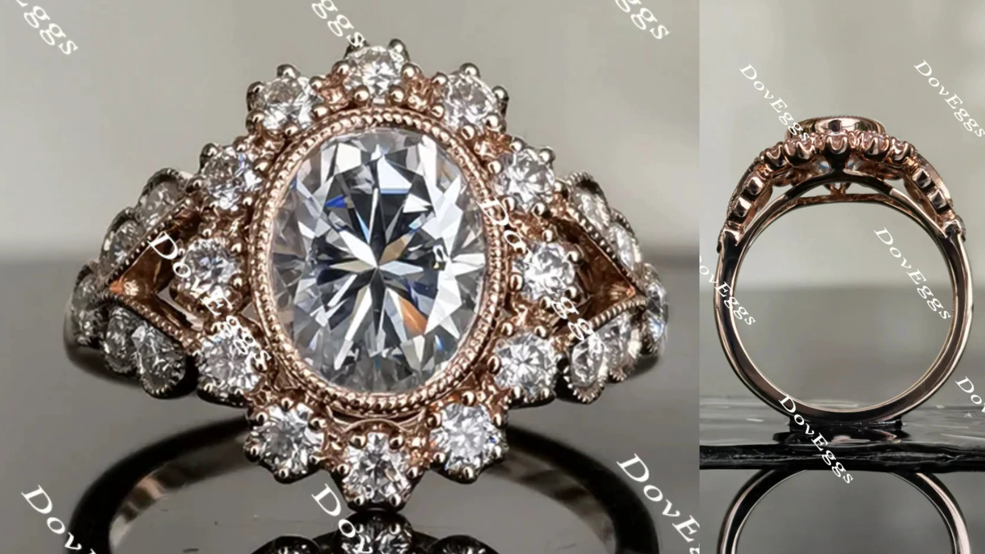 Marisol-Oval flower shape halo split shank oval engagement ring| DovEggs