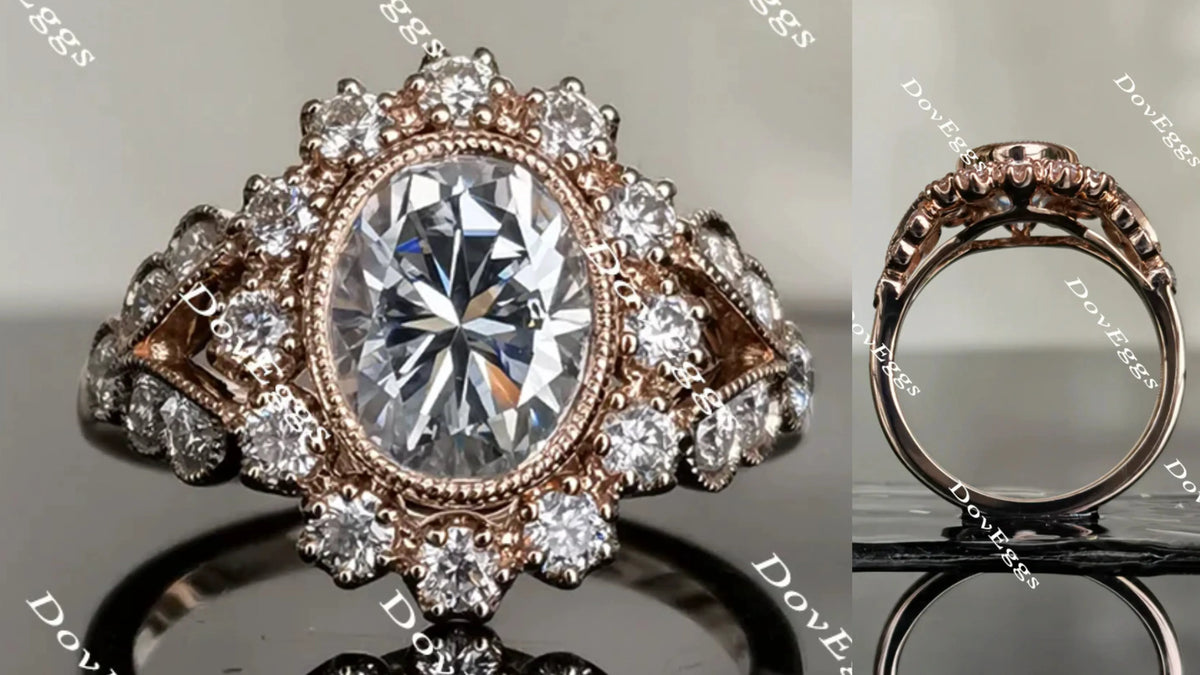 Marisol-Oval flower shape halo split shank oval engagement ring| DovEggs