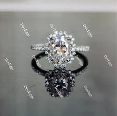 Oval flower shape half eternity pave moissanite engagement ring| DovEggs