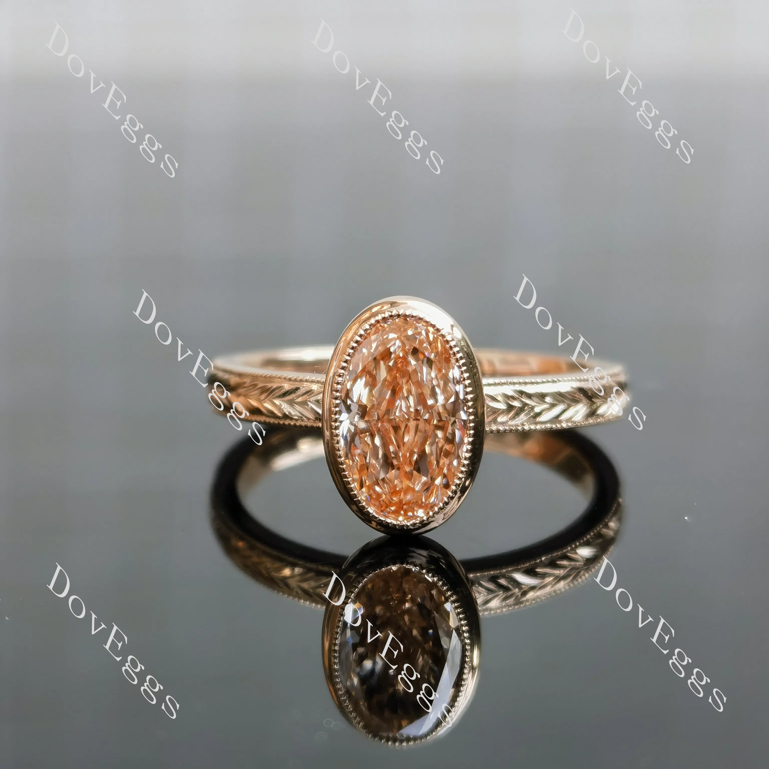 Oval carved bezel solitaire moissanite engagement ring| DovEggs