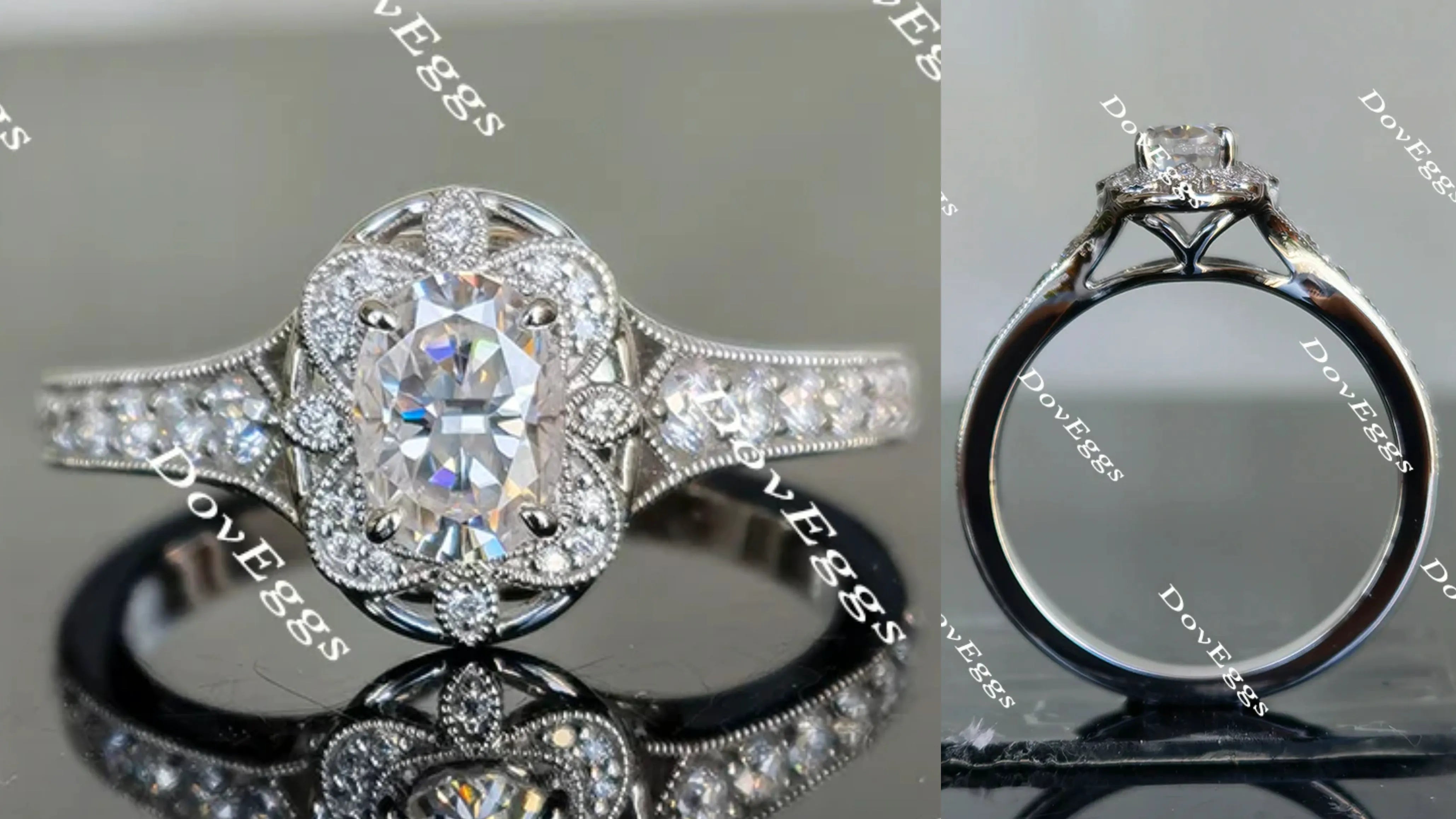 Oval floral half eternity pave moissanite engagement ring| Doveggs