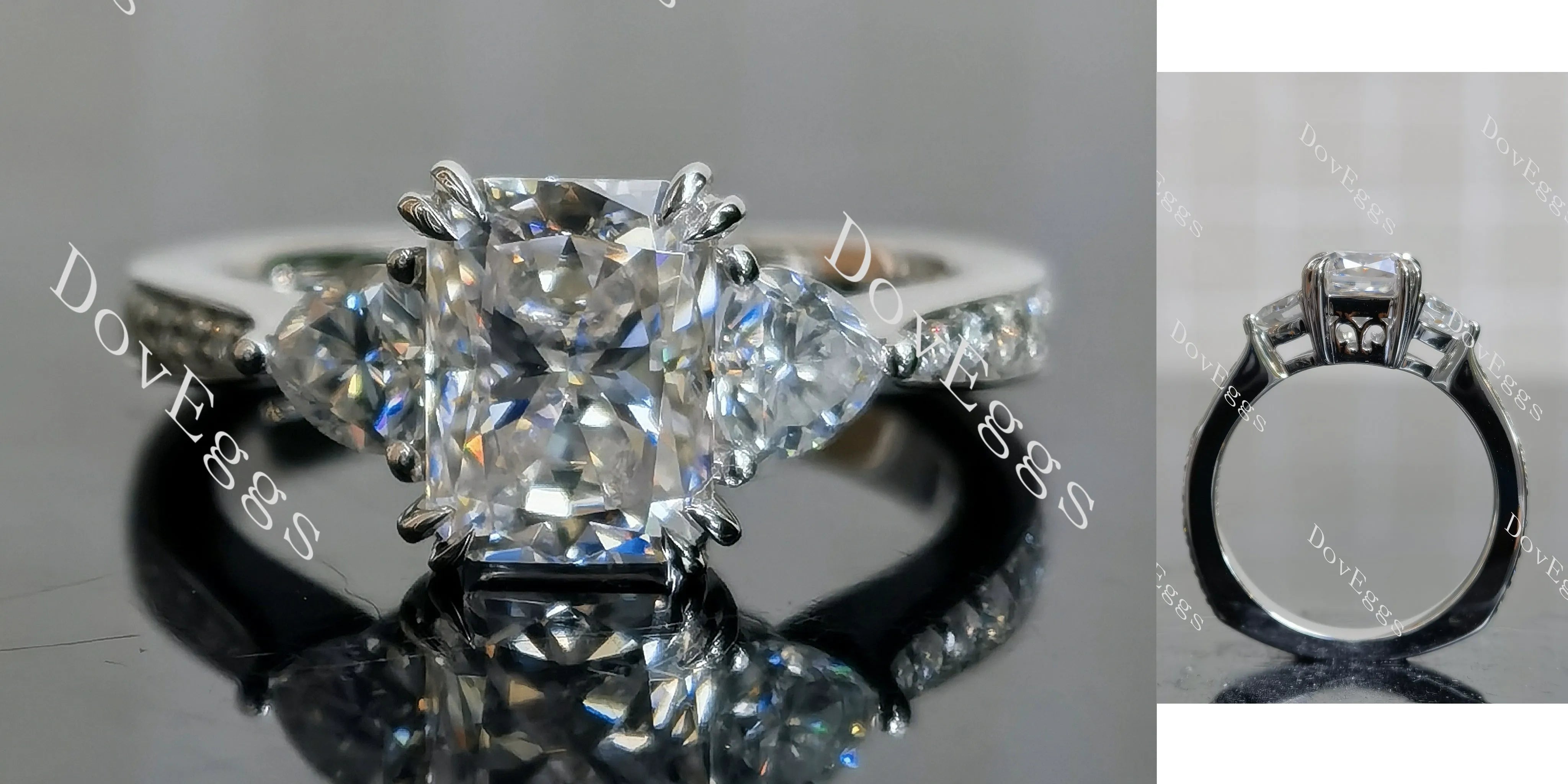 Doveggs radiant three-stone moissanite engagement ring