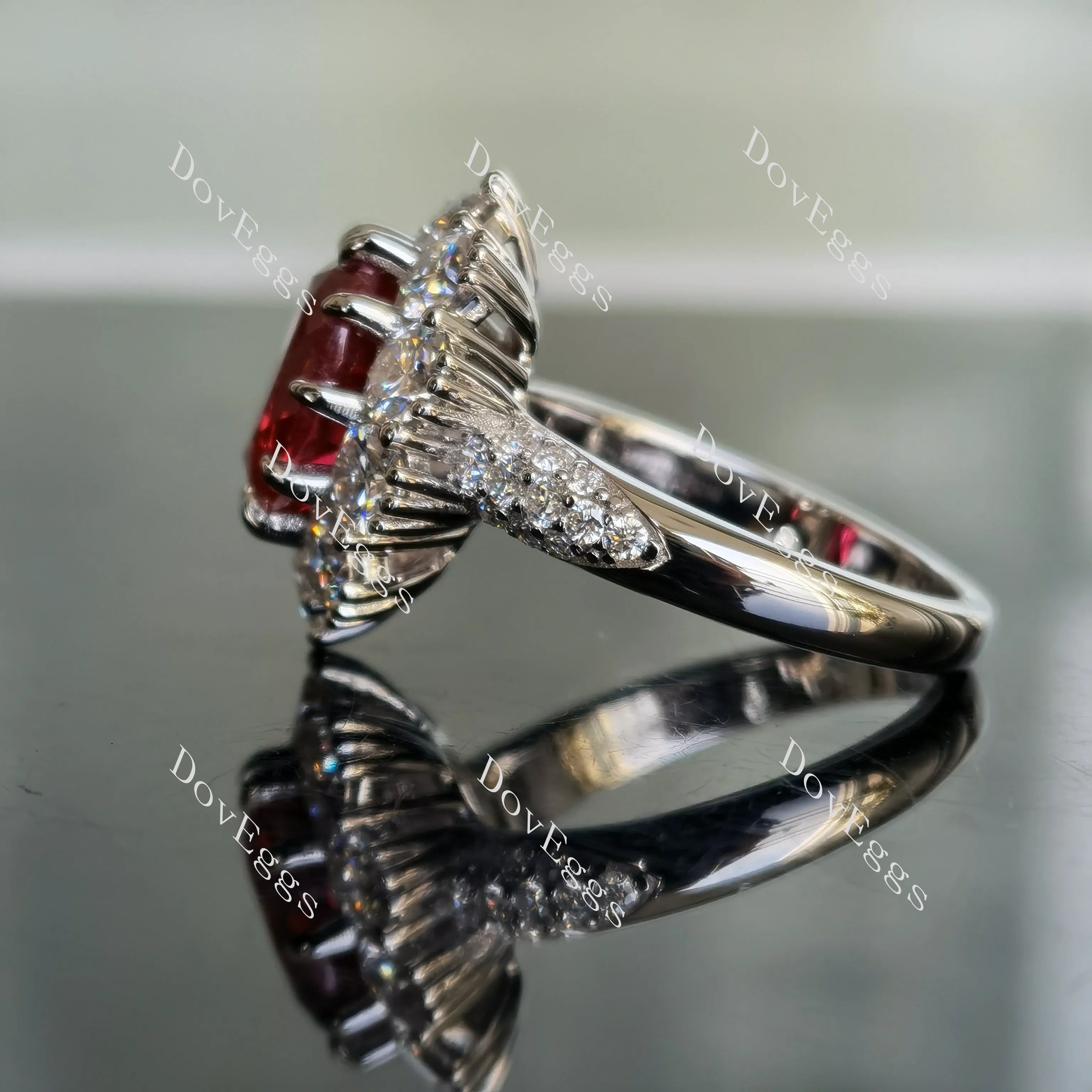 Oval floral halo pave colored gem engagement ring| DovEggs