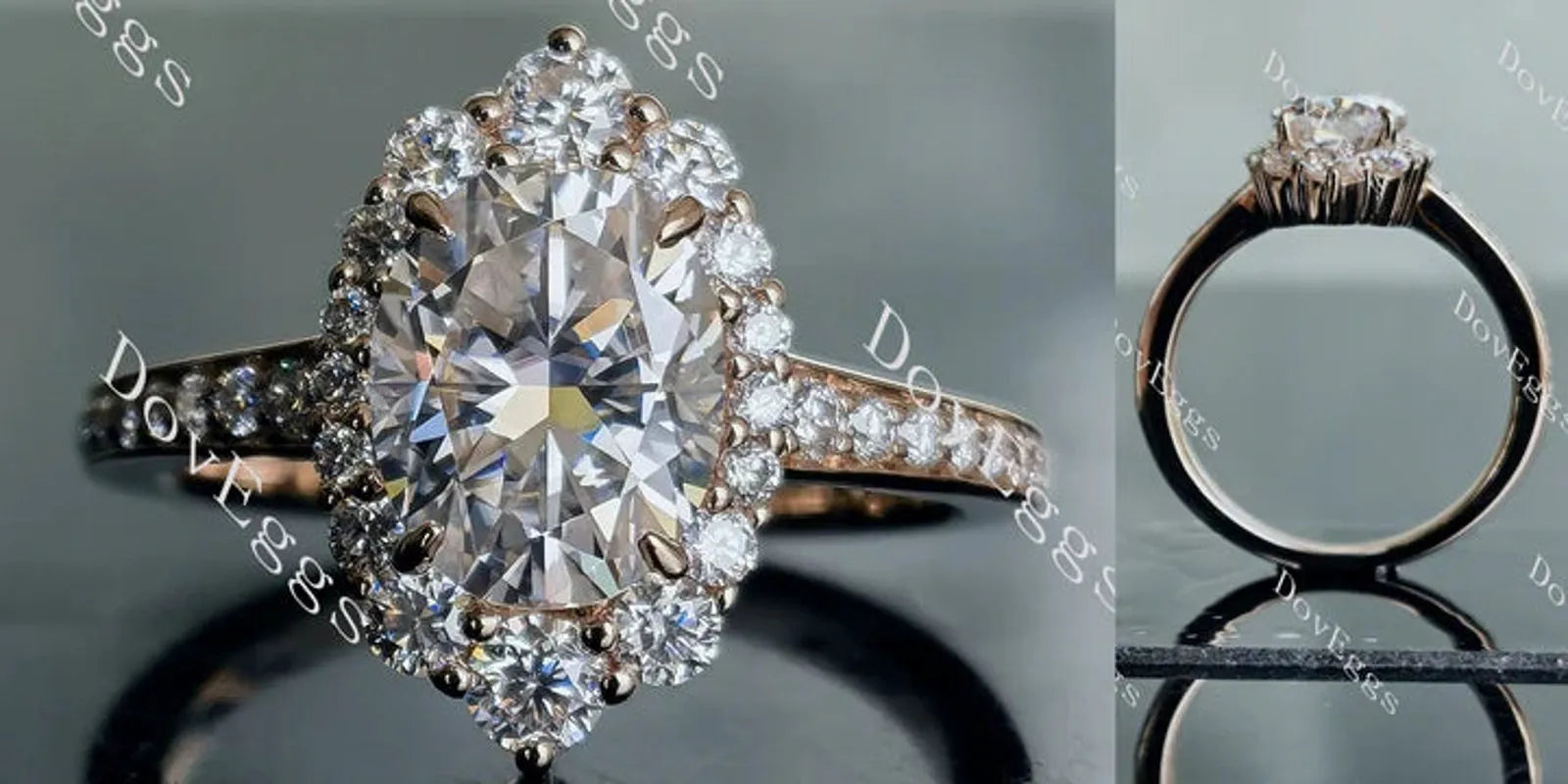 Oval halo half eternity pave moissanite engagement ring| DovEggs
