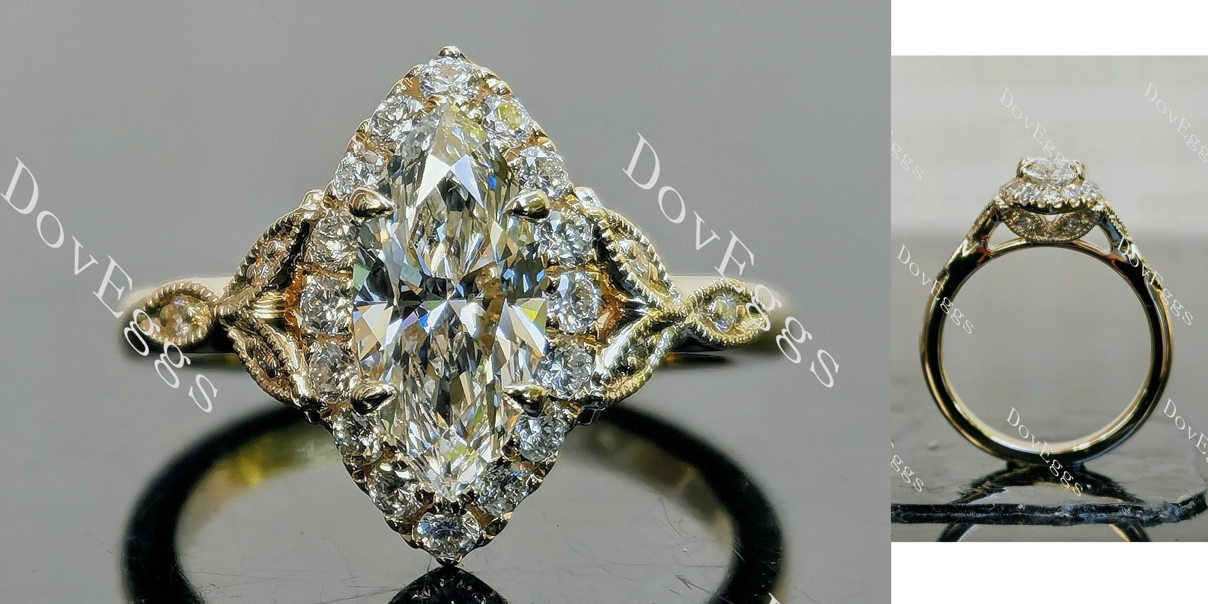 Marquise halo side stones art deco moissanite engagement ring| DovEggs