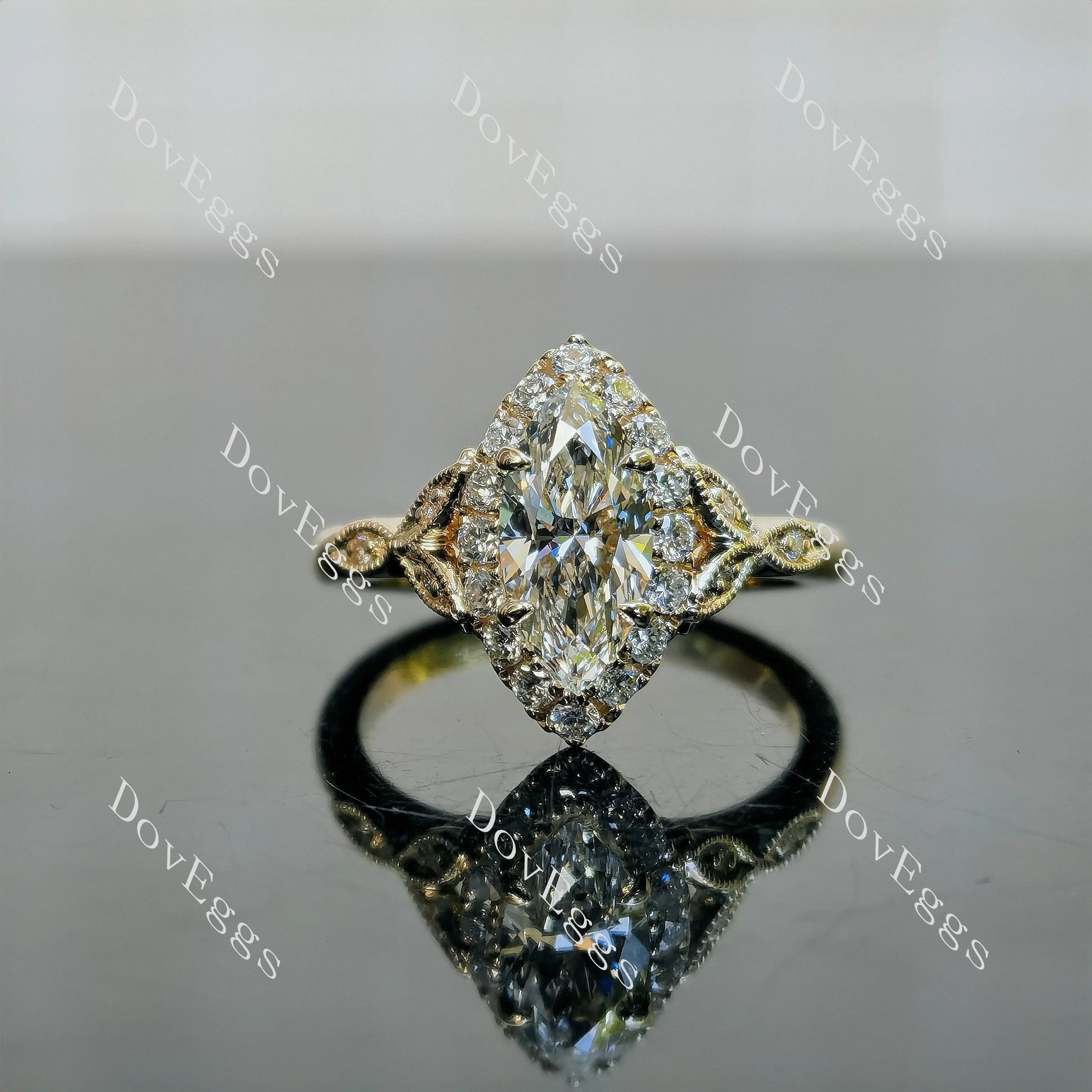 Marquise halo side stones art deco moissanite engagement ring| DovEggs